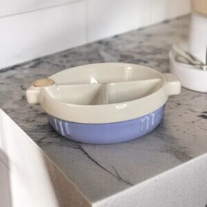 Vintage Hankscraft Divided Baby Food Warmer. Blue and White Ceramic Infant Dish